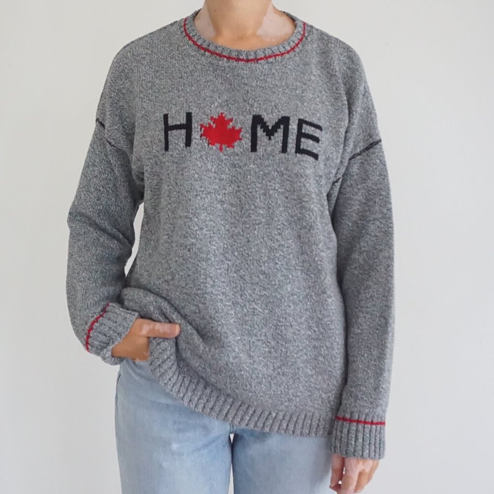 Gray 'HOME' Crewneck Sweater with Red Maple Detail